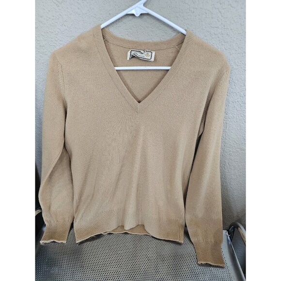 Selfridges London Geelong Lambs Wool Tan V Neck Sweater Vintage Women's Small - Picture 1 of 7